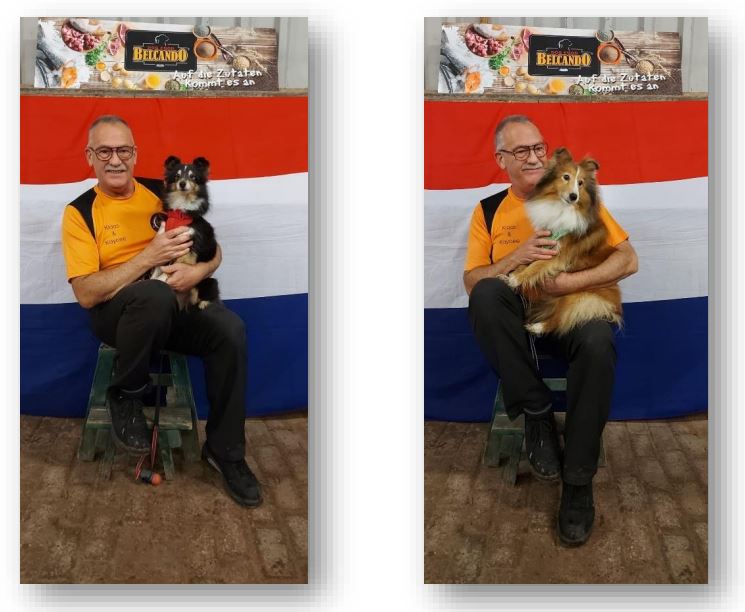 Trainer Klaas in 2024 met twee honden op een WK agility.